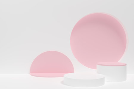 A set of three pink and white geometric shapes, including a large circle and two smaller circles. The shapes are arranged in a way that creates a sense of depth and dimensionの写真素材