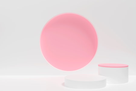 A pink circle is placed in the center of two white cylinders. The pink circle is surrounded by a white circle, creating a visually appealing and balanced composition. The use of contrasting colorsの写真素材