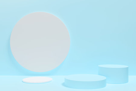 A blue background with white circles and blue cylinders. The scene is set in a blue room with a white wallの写真素材