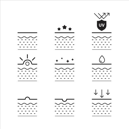 The image is a set of nine different illustrations of skin care. Each illustration shows a different aspect of skin care, such as sun protection, hydration, and exfoliationのイラスト素材