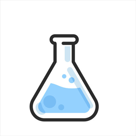 A glass beaker filled with water. The beaker is blue and white. The water is clear and the beaker is cylindricalのイラスト素材