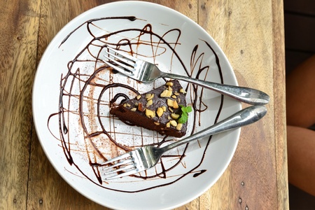 Dark chocolate cake with white plates.