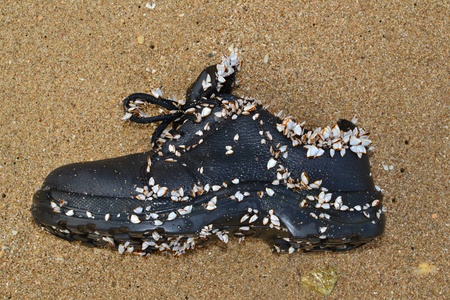 Old shoe on the sandy beach.の写真素材