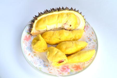 Close up of peeled durian isolated on white background.の写真素材