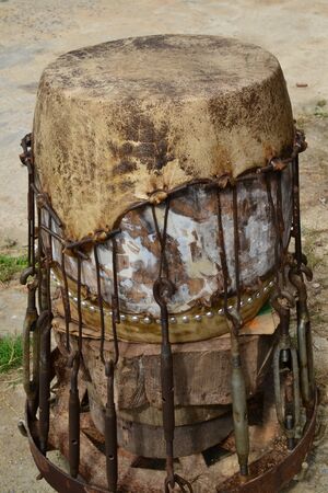 The leather was stretched for making drum.の写真素材
