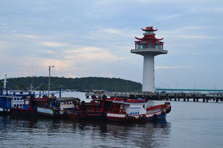 Chinese tower under construction at Si Chang Island,Chonburi Province,Thailand,Asiaの写真素材