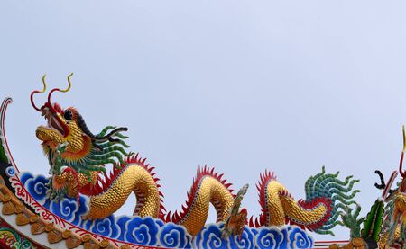 Golden Dragon. on the roof with blue sky at Chinese shrine ,Thailand.の写真素材