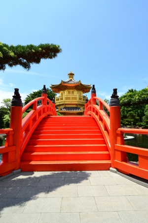 Arch Bridge and Pavilion in Nan Lian Garden,Chi Lin Nunnery is a large Buddhist temple complex located in Diamond Hill , Kowloon,Hong Kong.のeditorial素材