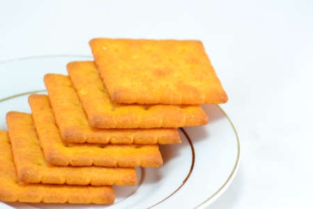 Close up crackers isolated on white background.の写真素材