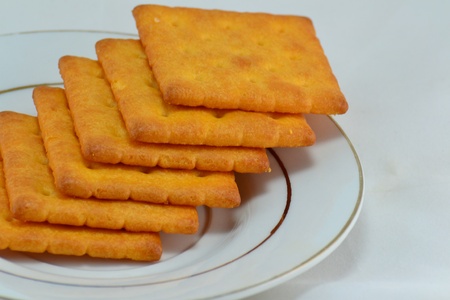 Close up crackers isolated on white background.の写真素材