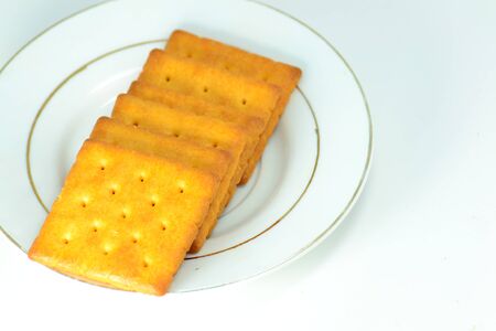 Close up crackers isolated on white background.の写真素材
