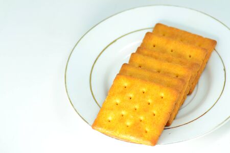 Close up crackers isolated on white background.の写真素材