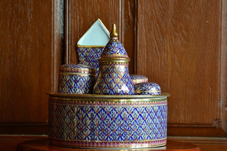 The Benjarong (Bencharong),Traditional tray Antique Ceramic with intricate designed from thailand.の写真素材