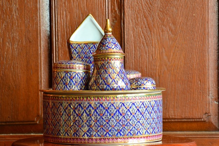 The Benjarong (Bencharong),Traditional tray Antique Ceramic with intricate designed from thailand.の写真素材