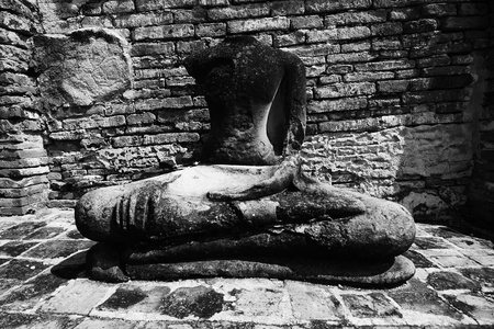 Old buddha statue was ruined at ayutthaya Province, Thailand.の写真素材