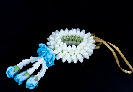 Wrist garlands made from jasmine flowers for the ceremony of Thailandの写真素材