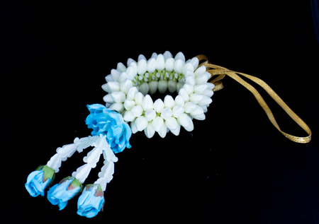 Wrist garlands made from jasmine flowers for the ceremony of Thailandの写真素材