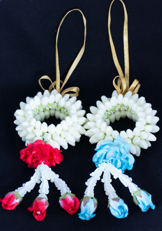 Wrist garlands made from jasmine flowers for the ceremony of Thailandの写真素材