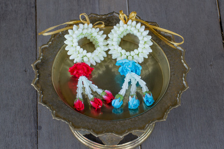 Wrist garlands made from jasmine flowers for the ceremony of Thailandの写真素材