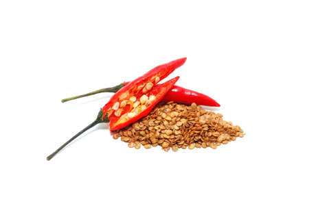 Hot pepper seeds on white backgroundの写真素材