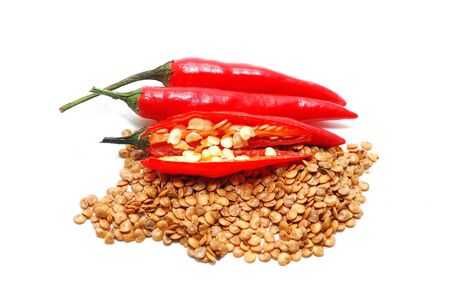 Hot pepper with seed on white backgroundの写真素材