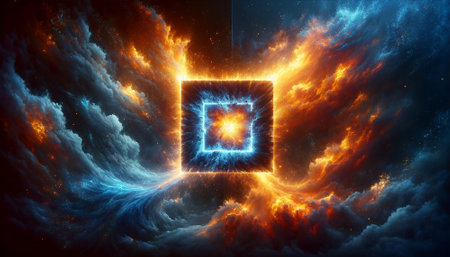 Fire and Ice Concept Design. Futuristic 3D illustration of an abstract background with geometric shapesの素材