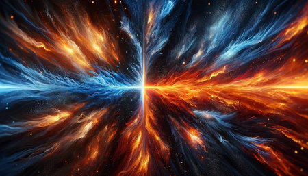 Fire and Ice Concept Design. Futuristic 3D illustration of an abstract background with geometric shapesの素材