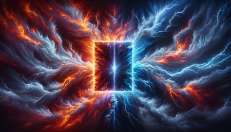 Fire and Ice Concept Design. Futuristic 3D illustration of an abstract background with geometric shapesの素材
