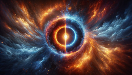 Fire and Ice Concept Design. Futuristic 3D illustration of an abstract background with geometric shapesの素材