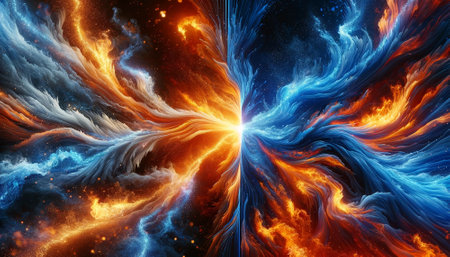 Fire and Ice Concept Design. Futuristic 3D illustration of an abstract background with geometric shapesの素材