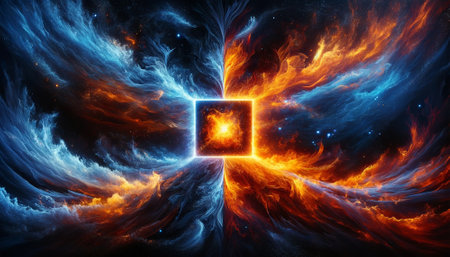 Fire and Ice Concept Design. Futuristic 3D illustration of an abstract background with geometric shapesの素材