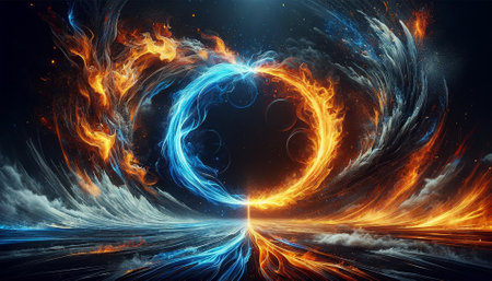 Fire and Ice Concept Design. Futuristic 3D illustration of an abstract background with geometric shapesの素材