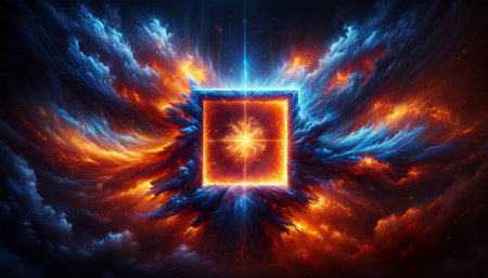 Fire and Ice Concept Design. Futuristic 3D illustration of an abstract background with geometric shapesの素材