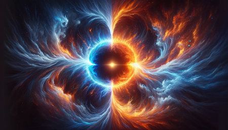 Fire and Ice Concept Design. Futuristic 3D illustration of an abstract background with geometric shapesの素材