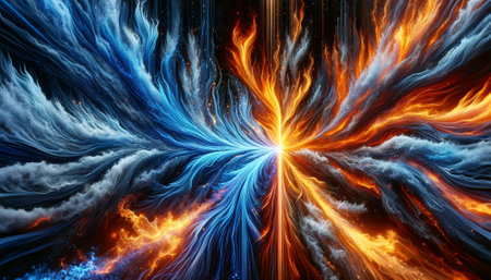 Fire and Ice Concept Design. Futuristic 3D illustration of an abstract background with geometric shapesの素材