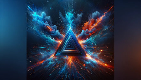 Fire and Ice Concept Design. Futuristic 3D illustration of an abstract background with geometric shapesの素材
