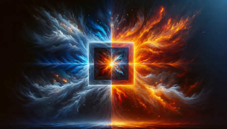 Fire and Ice Concept Design. Futuristic 3D illustration of an abstract background with geometric shapesの素材