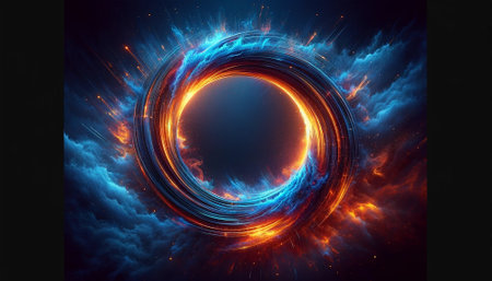 Fire and Ice Concept Design. Futuristic 3D illustration of an abstract background with geometric shapesの素材