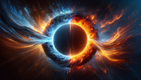 Fire and Ice Concept Design. Futuristic 3D illustration of an abstract background with geometric shapesの素材