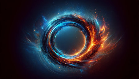 Fire and Ice Concept Design. Futuristic 3D illustration of an abstract background with geometric shapesの素材