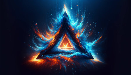 Fire and Ice Concept Design. Futuristic 3D illustration of an abstract background with geometric shapesの素材