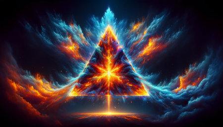 Fire and Ice Concept Design. Futuristic 3D illustration of an abstract background with geometric shapesの素材