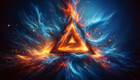Fire and Ice Concept Design. Futuristic 3D illustration of an abstract background with geometric shapesの素材