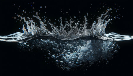 Water splash isolated on black background. 3d rendering, illustration.の素材