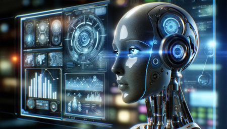 AI robot hologram on virtual screen. Artificial intelligence and machine learning concept. 3D rendering. Hologram screen display.の素材