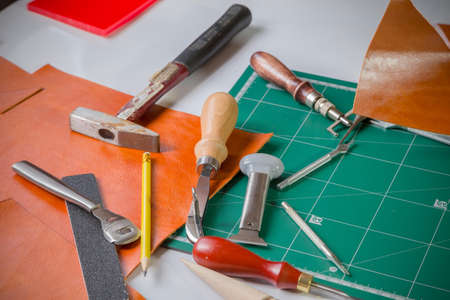 Leather craft maker in workhop