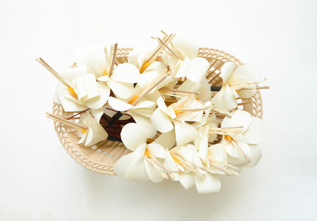 Top view group of beautiful white paper flowers. Handmade and craftsの写真素材