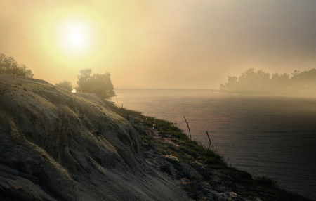 Back lit sand mountain and beautiful seascape in the morning.Selective focusの写真素材
