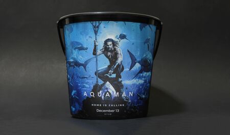 Bangkok, Thailand %u2013 December 18, 2018: A DC Comic Superhero Movie Aquaman displays on popcorn bucket at the theaterのeditorial素材