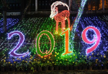 Trang,Thailand - December 26, 2018 : LED lights show on new year festival and glowing animal statue in the public garden for celebration near the clock towerのeditorial素材